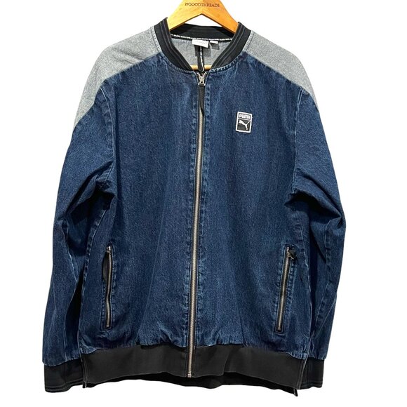 Puma Men's Baseball Collar Zip Front Denim Bomber Jacket, Blue XL - Picture 1 of 10